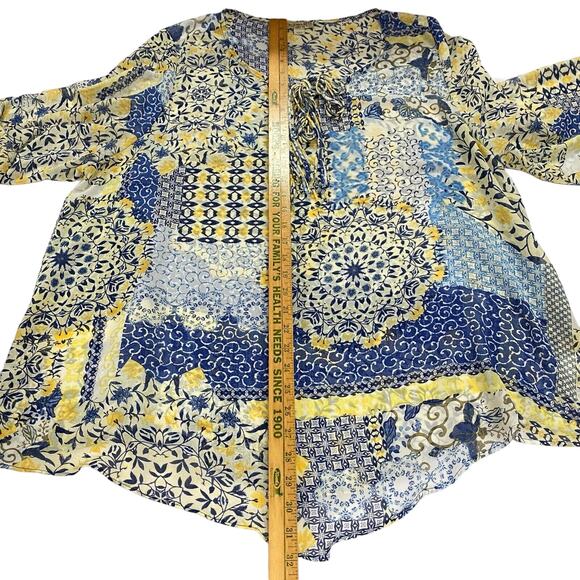 One World Live and Let Live Blouse Plus Sz 3X Blue Yellow Sheer 3/4 Sleeve Boho - Picture 4 of 12